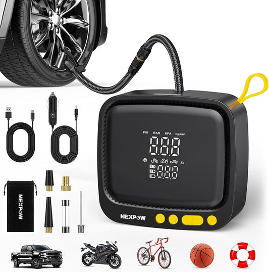 NEXPOW Tire Inflator Portable Air Compressor, Yellow | 180 PSI, Cordless Air Pump for Car Tires, Digital Pressure Gauge & Auto Shut-Off, For Car, Motorcycle, Bicycle, Ball