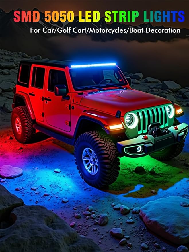 Car Led Light Strip IP67 Waterproof 8Pcs - Green Blue Red White | 12V 11Inch Footwell & Underglow Lights, Interior & Exterior Decoration, Fits SUVs, Trucks, Motorcycles, Boats, Golf Carts