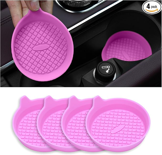 4 Pack Car Cup Coasters, Silicone Insert Recessed Car Cup Holder Coasters, Waterproof Non-Slip Sift-Proof Car Cup Mats, Universal Car Interior Accessories (Pink)
