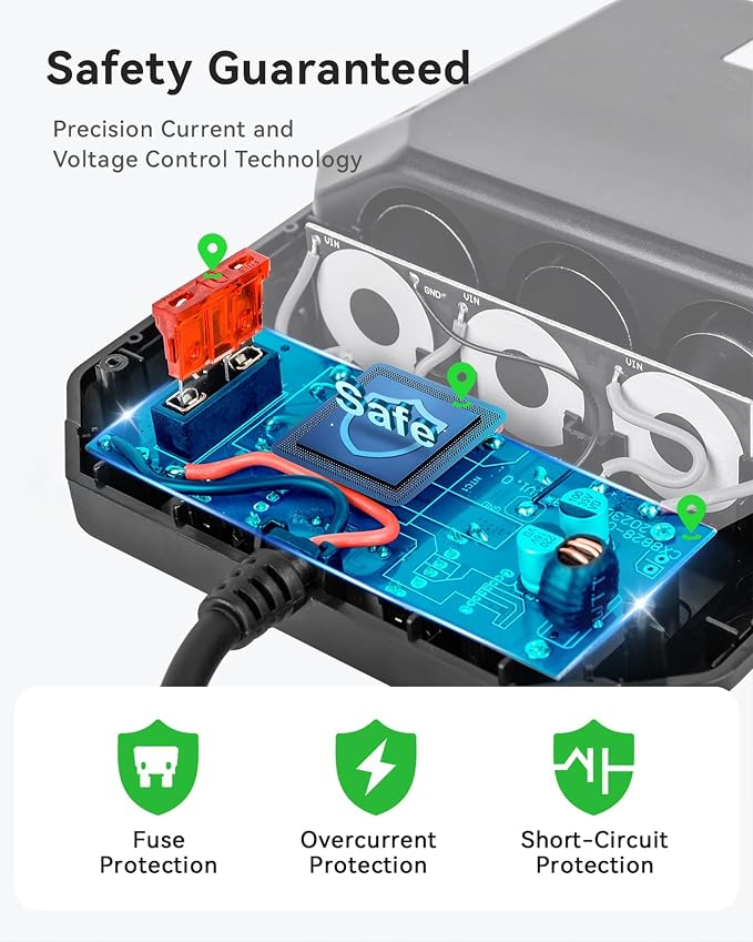 Anyongora 7-in-1 Cigarette Lighter Splitter, 120W Car Charger Adapter with 3 Sockets & Independent Switches, 4 USB Ports (USB-A/USB-C), LED Voltage Display, UL Certified, Built-in Fuse + Spare Fuse