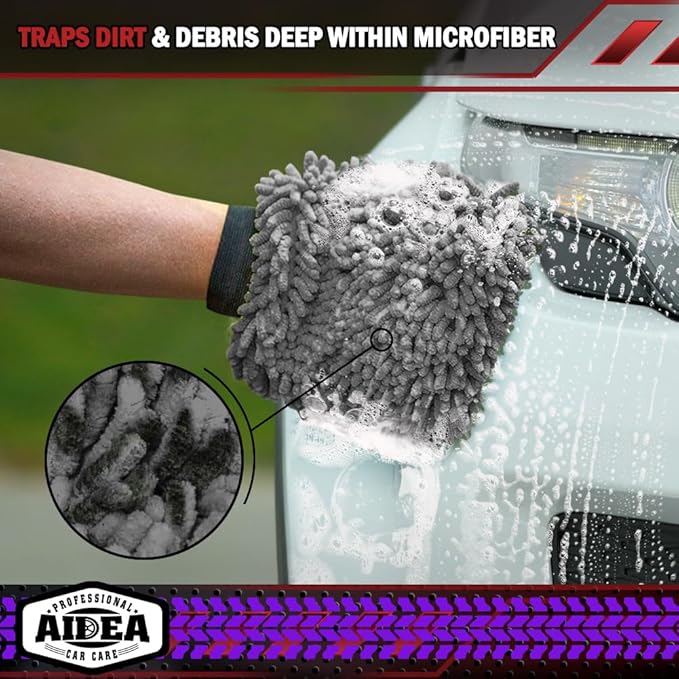AIDEA Car Wash Mitt Microfiber, 2PK, Car Wash Brush, Grey, 7.12''X10.14'' | Scratch Free Lint Free Premium Chenille Microfiber Mitt, Cleaning Supplies, Regular Size