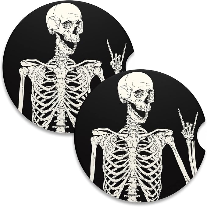 Nipichsha Car Coasters for Cup Holders, 2 Pack Absorbent Ceramic Car Cup Holder Coaster for Drinks, Cute Auto Assecories for Women Men, Size 2.56 in with Finger Notch & Cork Base, Skull