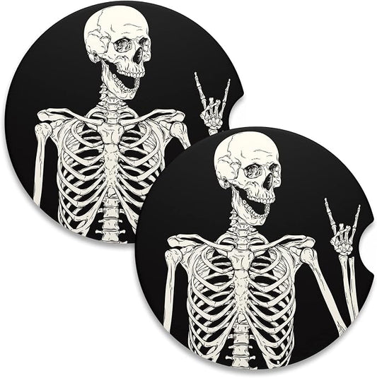 Nipichsha Car Coasters for Cup Holders, 2 Pack Absorbent Ceramic Car Cup Holder Coaster for Drinks, Cute Auto Assecories for Women Men, Size 2.56 in with Finger Notch & Cork Base, Skull