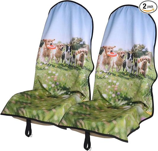 Car Seat Cover Protector Front Seats,for Gym Workout,Running,Swimming,Beach and Hiking,Waterproof Sweat Towel Bucket Seat Covers for Cars SUV Trucks (Dog Print, 2Pcs)