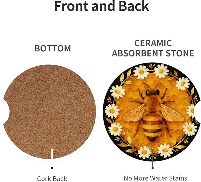 Bees Daisies Golden Honeycomb 2 Pack Car Cup Holder Coasters Absorbent Ceramic Drink Coasters 2.56" Anti Slip Cup Mat with Cork Base and Finger Notch Auto Accessories Interior for Women Men