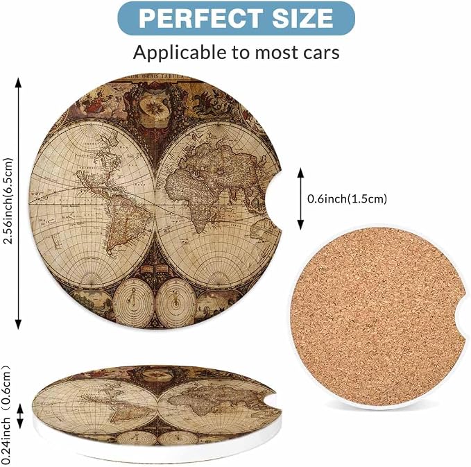 Map Nautical Car Coasters for Cup Holders Car Cup Holder Coasters 2 Pack for Car, Anti Slip Ceramic Car Cup Mat with Finger Notch Cute Car Interior Accessories for Women Men