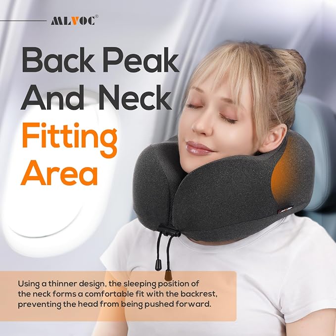MLVOC Neck Pillow for Traveling, Upgraded 100% Pure Memory Foam Travel Neck Pillow for Airplane Flight Sleep, Breathable & Machine Washable Cover, Travel Kit with 3D Eye Mask, Earplugs & Bag, Black | Curved Neck & Chin Support, Rope Lock Fit, Memory Fo...