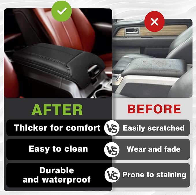 Muslogy Center Console Armrest Cover Fit for Ford F-150 F150 2009-2014 Accessories, Comfort Armrest Pad Console Lid Cushion Vegan Leather 1-Inch Extra Thick(Bucket Seat ONLY)