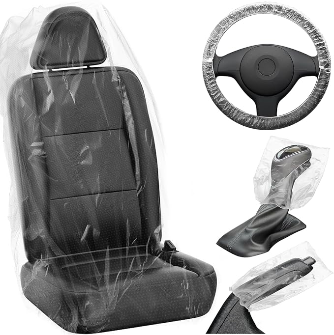 MYFAMIREA 125 PCS Disposable Car Seat Covers Clear Plastic Vehicle Seat Protector Set with Steering Wheel, Gear Shift and Handbrake Covers, Universal for Cars Auto Truck Bus Airplane