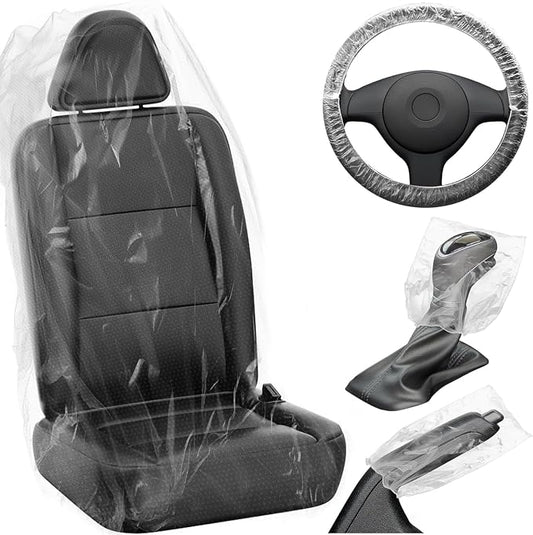 MYFAMIREA 125 PCS Disposable Car Seat Covers Clear Plastic Vehicle Seat Protector Set with Steering Wheel, Gear Shift and Handbrake Covers, Universal for Cars Auto Truck Bus Airplane