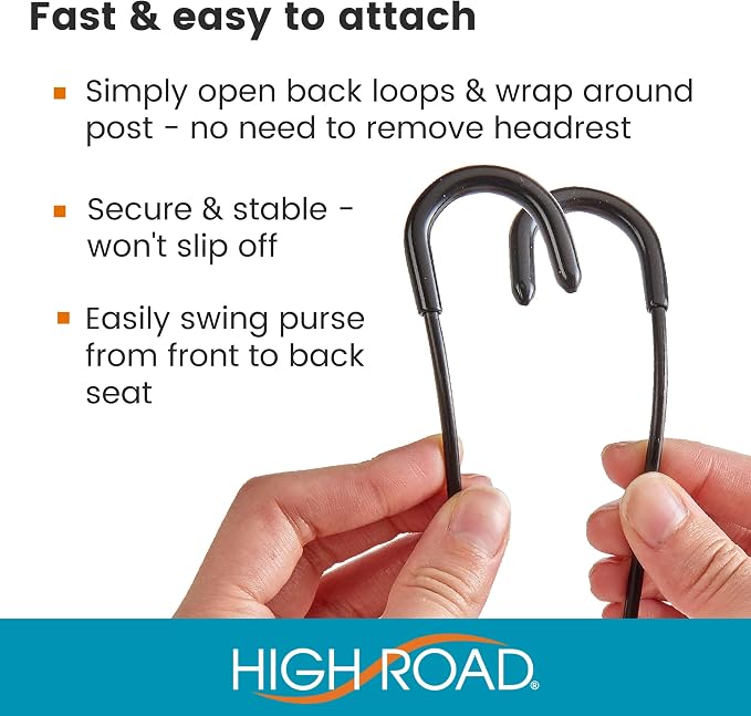 High Road Metal Car Hooks for Purse and Bags - Unbreakable Headrest Car Hooks for Large Purse Straps and Heavy Bags up to 40 lbs - Secure Attachment Loops Fit All Headrest Posts (Triple Hook 2-Pack)