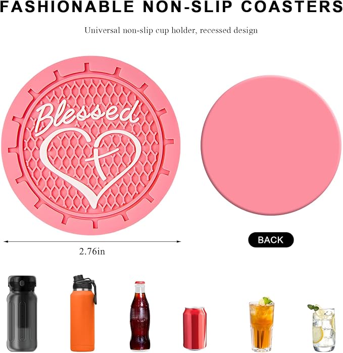 2 PCS Car Cup Holder Coaster, 2.76 Inch Soft PVC Non-Slip Blessed Cross and Heart Christian Car Cup Coasters, Auto Interior Shockproof Insert Drink Mat for Most Vehicles (Pink)