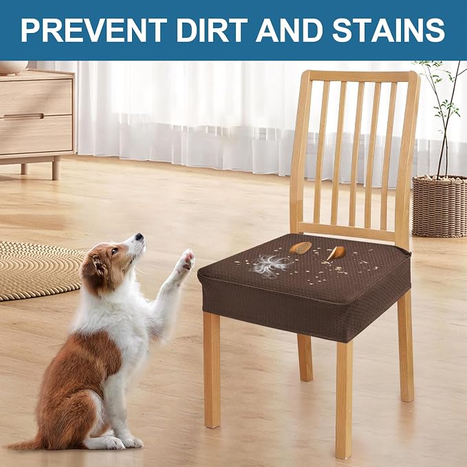 Smiry Waterproof Seat Covers for Dining Room Chairs Set of 6, Stretch Jacquard Removable Washable Chair Seat Slipcovers Protector, No Rear Covers, Light Chocolate