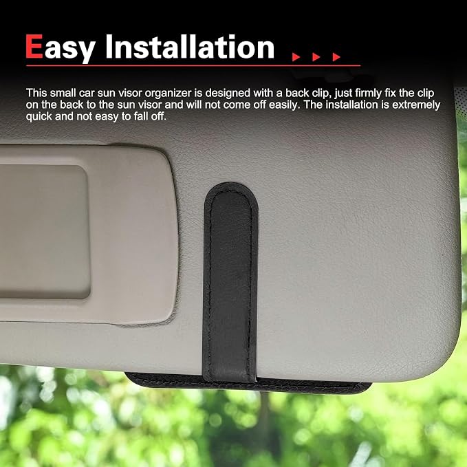 Car Sun Visor Organizer, Premium Leather Sun Visor Sunglass Holder with Card Holders & Pen Clip Slot, Universal Car Interior Organizer for Driving License, Card, Pen (Black & Red)