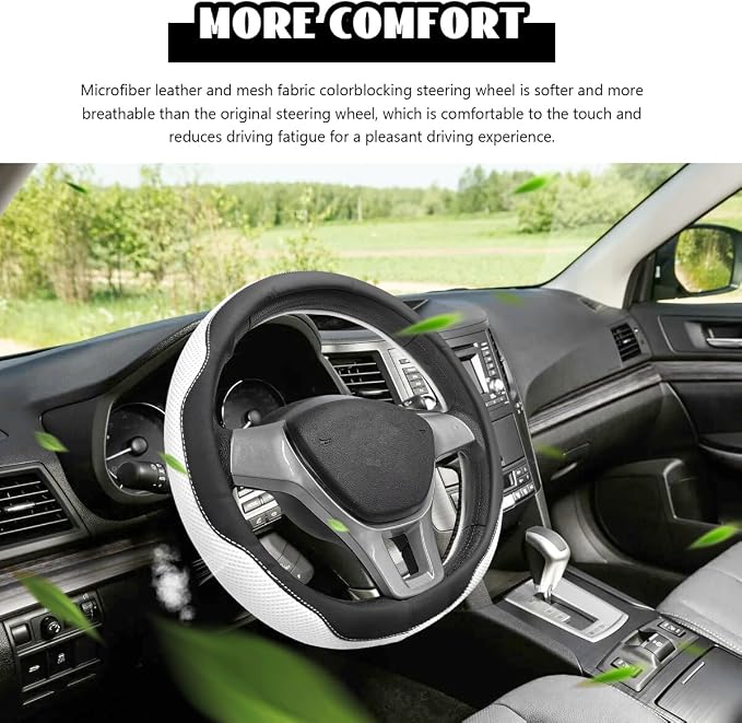Microfiber Leather Steering Wheel Cover, Breathable Steering Wheel Protector with Anti-Slip Inner Ring, Universal 14.5"-15" Car Wheel Cover Auto Interior Decor for Men Women (White)