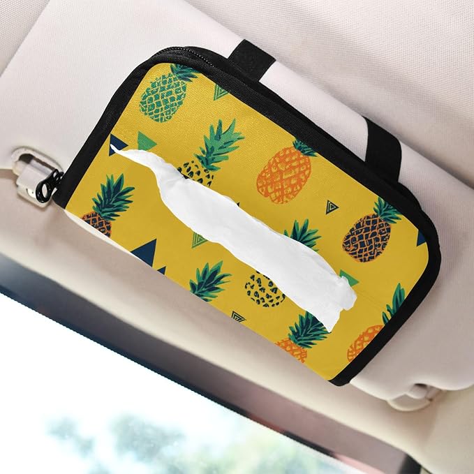 Car Visor Tissue Holder Mask Holder for Car, Car Tissue Box Sun Visor Napkin Holder Car Visor Accessories Adjustable Straps Reusable Durable Easy to Install Yellow Tropical Pineapples and Tri