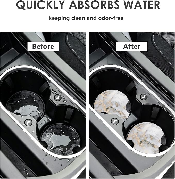 2 Pack Car Coasters，2.75-inch Neoprene Non-Slip Cup Holder Coasters for Car，Cute Car Interior Accessories for Men and Women，Gray Marble