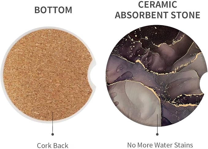 Britimes Absorbent Car Coasters 2 Pack for Cup Holders, 2.56" Ceramic Stone & Non-Scratch Cork Base Drink Coasters Purple Marble