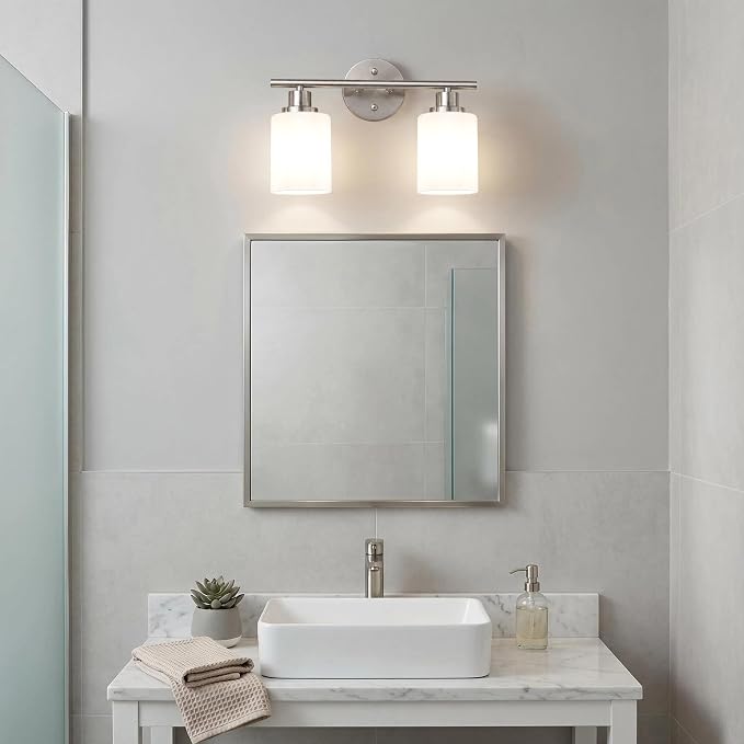 Unicozin 2 Light Bathroom Light Fixtures, Modern Vanity Lights with Milky White Glass Shade, Brushed Nickel Wall Lamp Over Mirror for Bathroom, Living Room, Cabinet, Bedroom, E26 Base