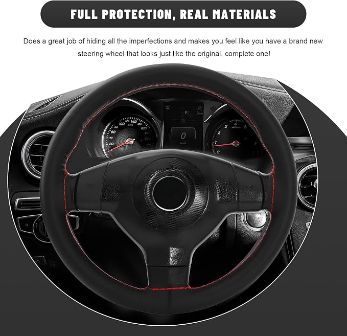 Genuine Leather Steering Wheel Cover, 15 Inch Stitch on Steering Wheel Protector with Needle & Thread, Anti-Slip DIY Sewing Wheels Wrap for Most Vehicles (Black & Red, Glossy)