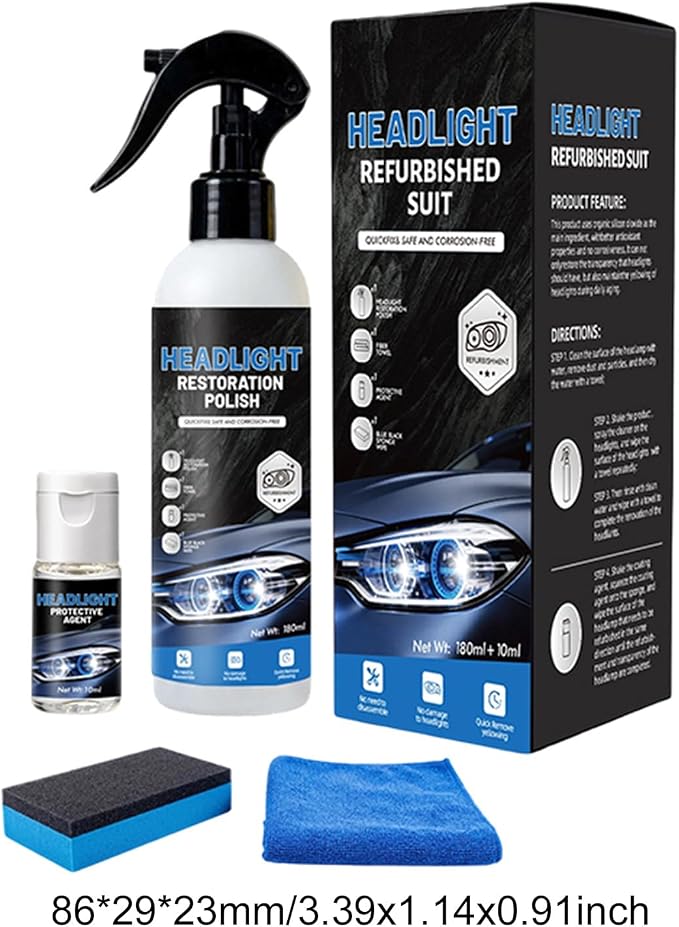 Headlight Restoration Kit, Removes Oxidation & Yellowing, UV Coating (5) | 180ml polish + 10ml ceramic coating, sponge & towel; for cars, trucks, SUVs, motorcycles; long-lasting UV protection