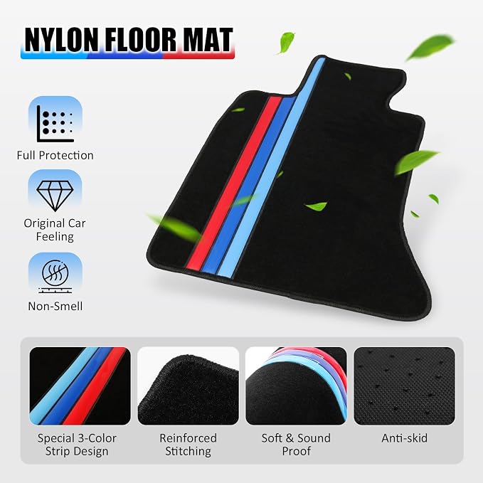 Fit 2011-2016 BMW F10 5-Series Floor Mat Nylon Black with 3 Colors Stripes | IKON MOTORSPORTS, Front & Rear Factory M Color Stripe Car Floor Carpets Carpet liner 2012 2013 2014 2015