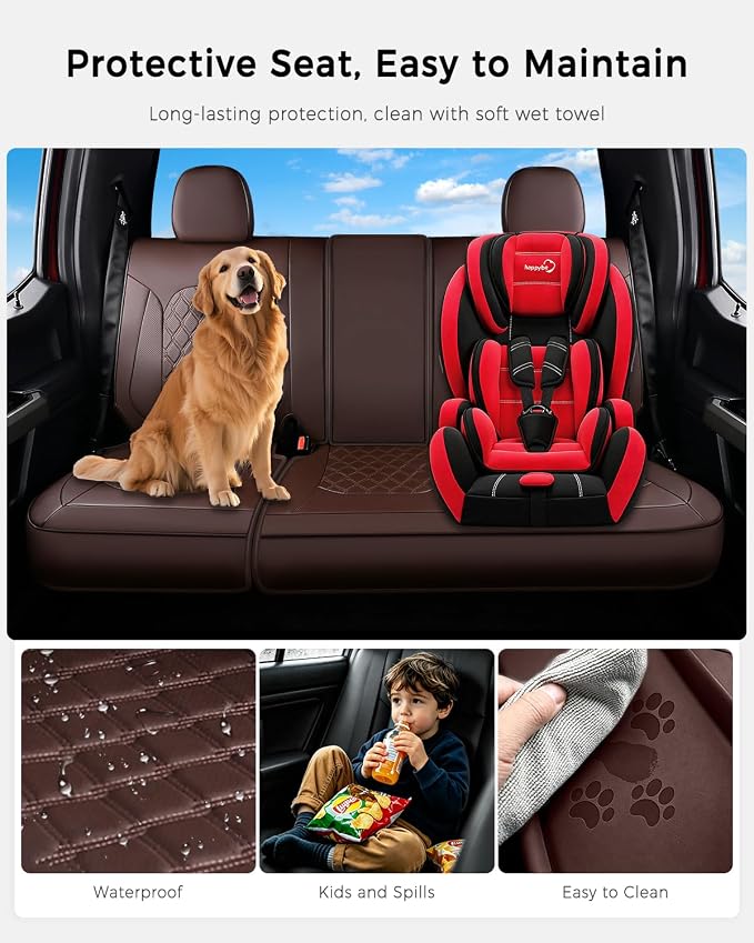 Huidasource F150 Coffee Rear Seat Covers, Leather Rear Bench Car Seat Cushion Cover Fit for 2015-2026 Ford F150 SuperCrew & 2017-2026 F250 F350 F450 Super Duty Crew Cab Pickup Truck