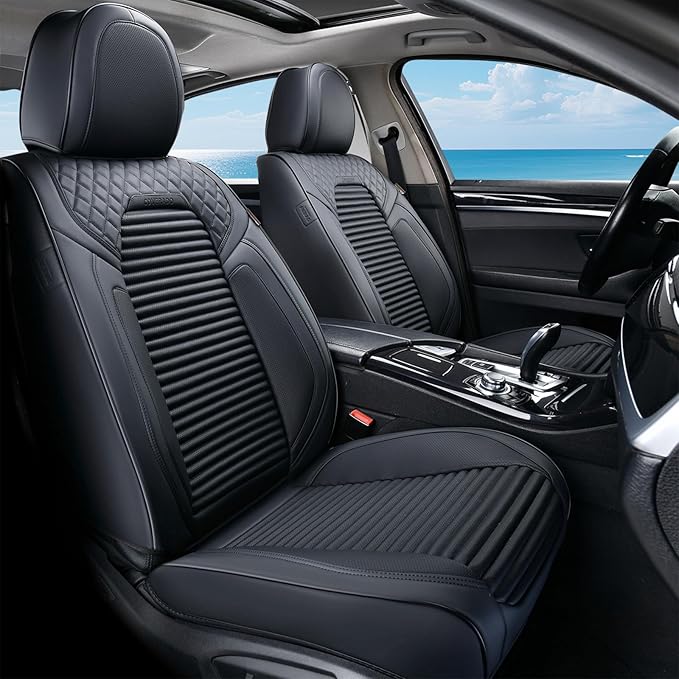 Coverado Front Seat Covers, Black Nappa Leather Car Seat Covers, Black Seat Covers for Cars, Car Seat Protector Cushions Universal Fit for Most Sedans SUV Pick-up Truck