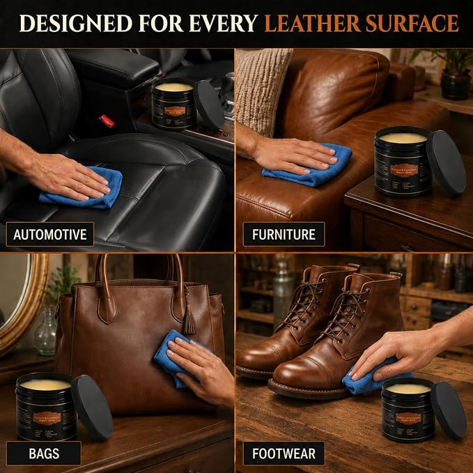 Leather Conditioner and Cleaner Balm for Furniture, Couch, Car Seats, Boots and Bags - Professional Leather Restorer with Natural Beeswax - Deeply Nourishes, Protects and Restores Shine (8oz)
