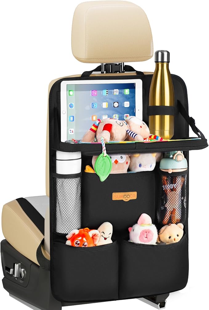 SURDOCA Backseat Car Organizer with Foldable Tray for Kids & Adults – NEW MODEL Seat Storage with Touchable Tablet Pocket, Roadtrip Essentials – Fits Most Vehicles