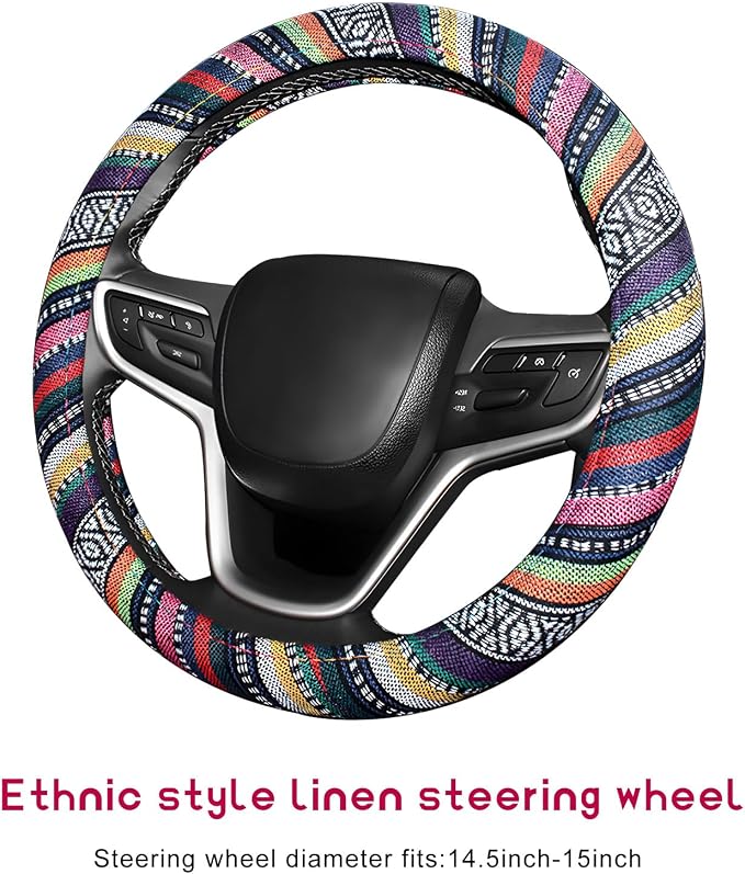 Boho Steering Wheel Cover, Anti-Slip Coarse Flax Cloth Ethnic Style Auto Wheel Cover, Breathable Boho Auto Steering Wheel Protector for Women Men, Car Accessories (Style B)