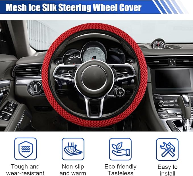 Elastic Stretch Steering Wheel Cover, for Men Women (Red) | 15" Breathable Microfiber Ice Silk Steering Wheel Protector, Universal Anti-Slip Warm in Winter&Cool in Summer Car Accessory