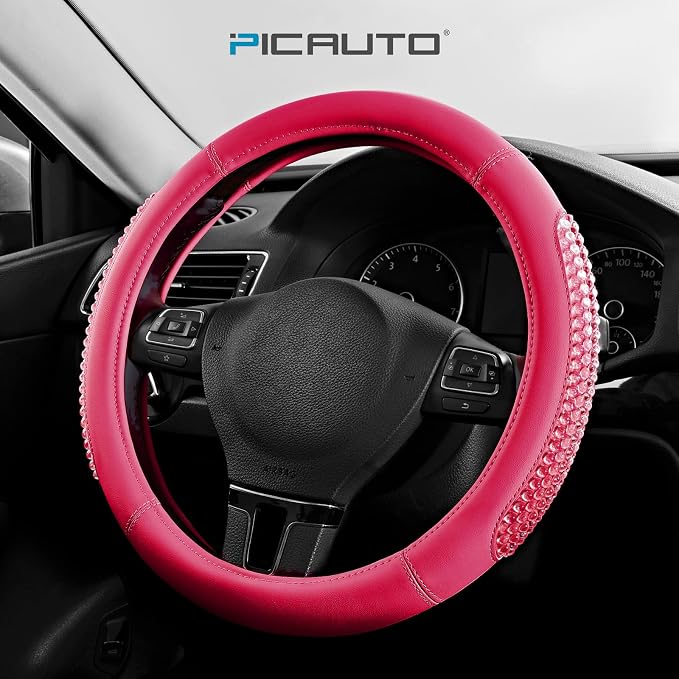 PIC AUTO Steering Wheel Cover, HotPink Leather, Fits 14.5-15.5 Inch Wheels | Universal Steering Wheel Cover with Anti-Slip Grip, Durable Car Interior Accessory, Fits Most Cars, SUVs, Trucks and Vans