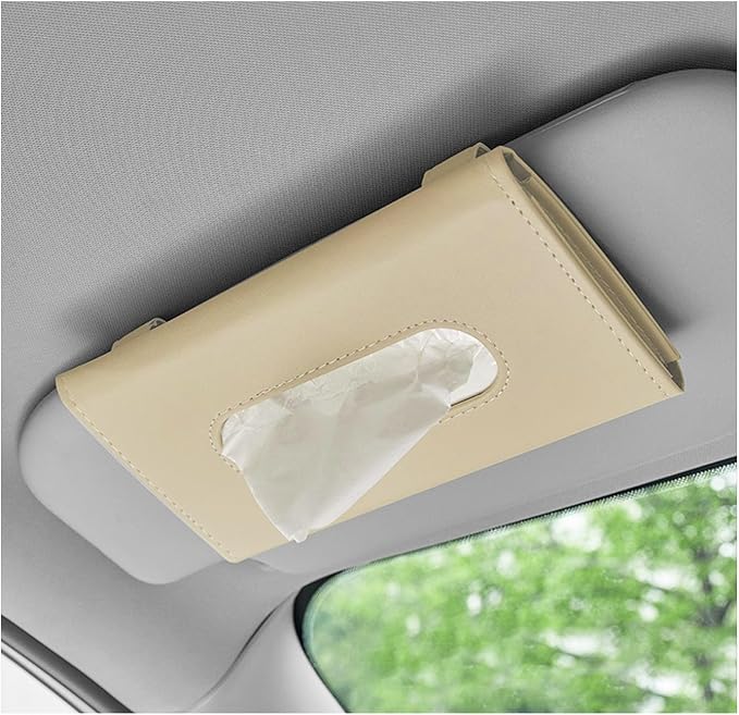 Car Visor Tissue Holder, Leather Auto Paper Towel Case Sun Visor Napkin Dispenser with 1 Pack Tissues, Rectangular Backseat Paper Towel Storage Holder for Most Vehicles (Beige)