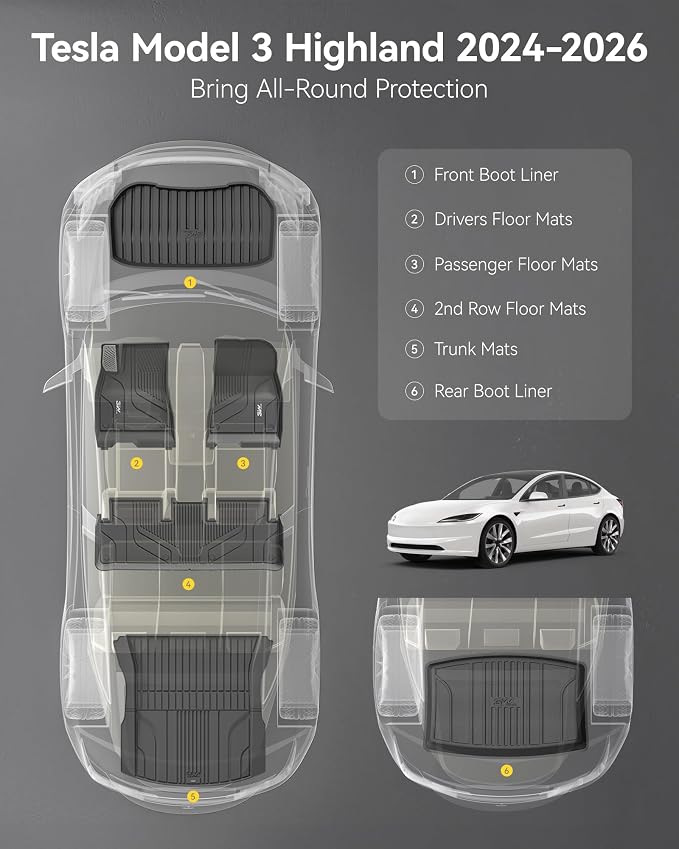 3W Tesla Model 3 Floor Mats 2024-2026 with Metal Pedal, Full Set with Cargo Liner, Highland All Weather Custom Fit Rear Trunk Mat Accessories Black