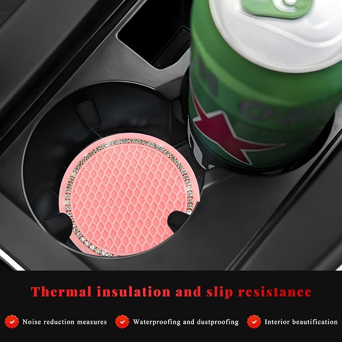 4PCS Bling Car Cup Coaster, 2.69 Inch Anti-Slip Auto Cup Holder Drink Mat w/Crystal Rhinestones, Universal Shiny Diamond Vehicle Insert Coasters Cups Mats for Women (Pink & White)