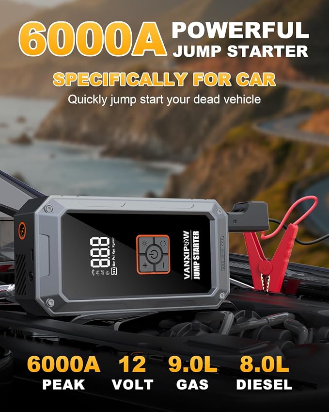 M1 6000A Car Battery Jump Starter with Air Compressor 150PSI (9.0 L Gas/8.0L Diesel), Portable Car Jump Starter Power Pack, Battery Charger 12V Jump Box with LED Light, Large LED Display, Power Bank