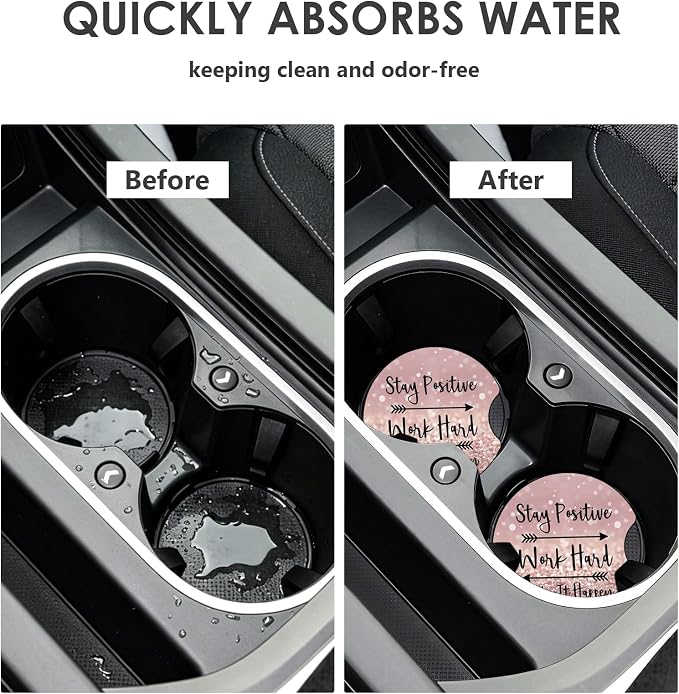 2 Pack Car Coasters，2.75-inch Neoprene Non-Slip Cup Holder Coasters for Car，Cute Car Interior Accessories for Men and Women，Pink Letters