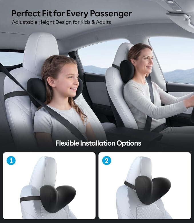 Wigoo Ergonomic Car Neck Pillow [Slim Upgrade, No Neck Pain] Odorless Memory Foam Car Headrest Pillow with 4 Adjustable Straps, Removable Cover, Fits All Cars (Black 2-Pack)
