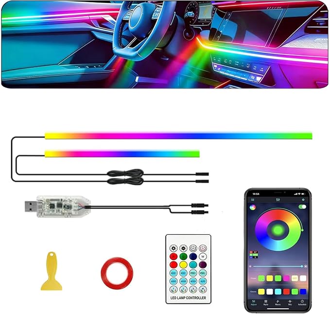 Ambient Lighting Car Led Lights Interior,57in USB Dreamcolor 2 in 1 Acrylic Neon Flexible Strip Fiber Optic LED Ambient Lighting Kits with Remote APP, RGB Music Lights Sync for Inside car Decorations