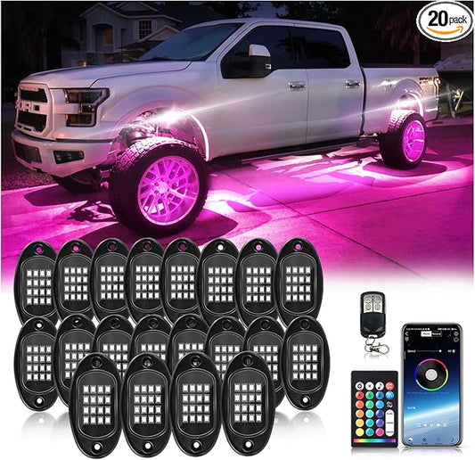 20Pods Multicolor RGB LED Rock Lights for Semi Trucks Pickup RV Jeep Golf Cart Offroad, Segmented Waterproof Underglow Light Kit Neon with APP/RF Remote Control, Music Mode 12V Fender Lights