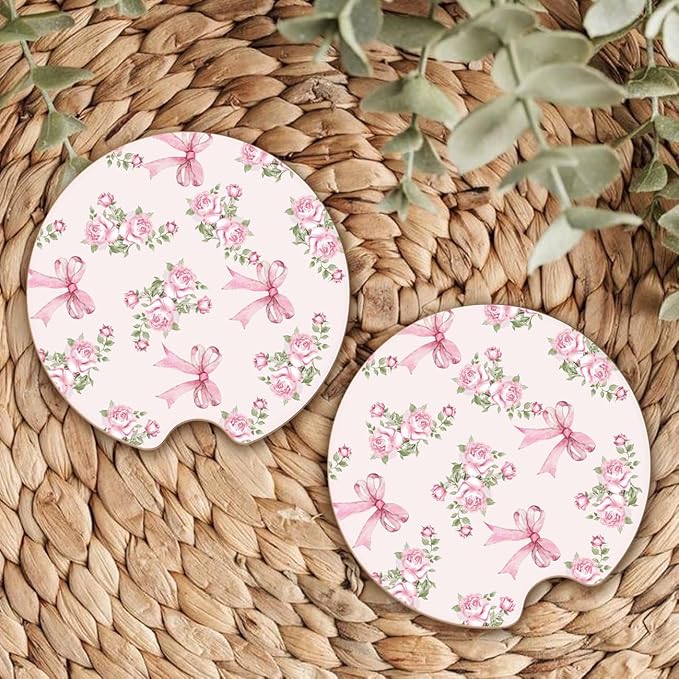 Ceramic Car Coasters – Absorbent Car Cup Holder Coaster Set for Women, Cute Aesthetic Car Accessories for Girls, 2 Pack (Blush)