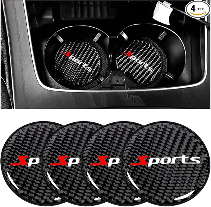 BESULEN Car Cup Holder Coaster, 4 PCS Carbon Fiber Non-Slip Embedded Coasters, Universal 2.75 Inch Cup Holder Insert Coaster Pad, Sports Racing Durable Drink Mat, Car Interior Accessories