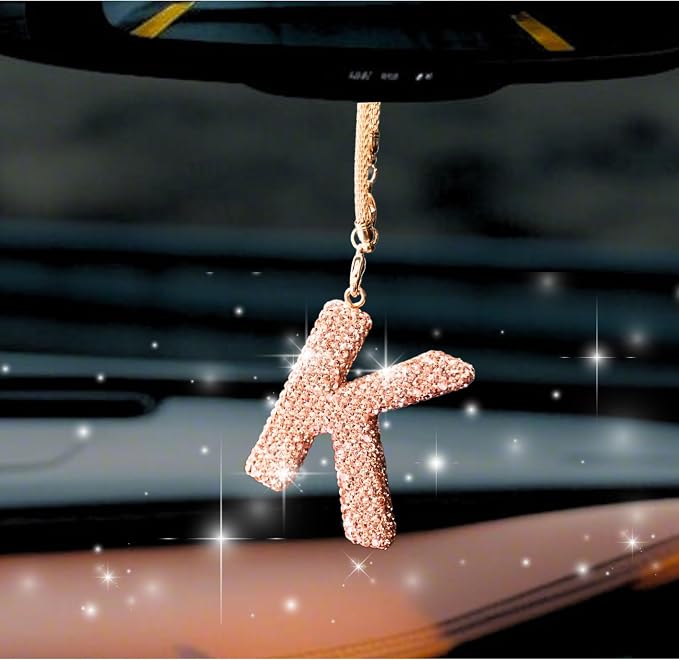 Bling Car Accessories for Women Letter Charm, Rainbow Color Rear View Mirror Cute Crystal Pendant Car Decorations, Lucky Gifts Diamond Rhinestone Charm Interior (K, Champagne Gold)