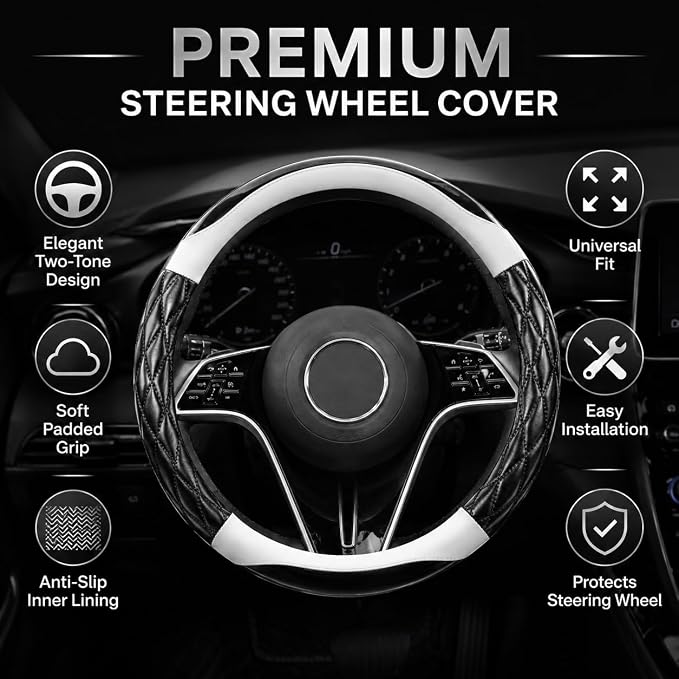 Couslcd 14.5-15 Inch Leather Steering Wheel Cover with Soft Padded Lining, Anti-Slip Comfort Grip, Universal Steering Wheel Protector for Most Cars, SUVs, Trucks (White)