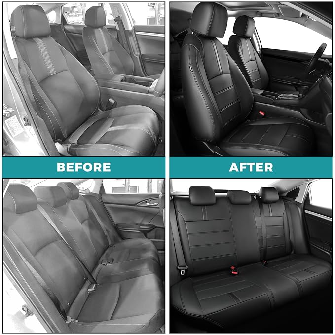 Seat Covers for Honda Civic Sedan LX 2016 2017 2018 2019 2020 2021, Faux Leather Car Seats Cover Full Set Waterproof, Black (Solid Rear Seatback - No Rear Armrest)