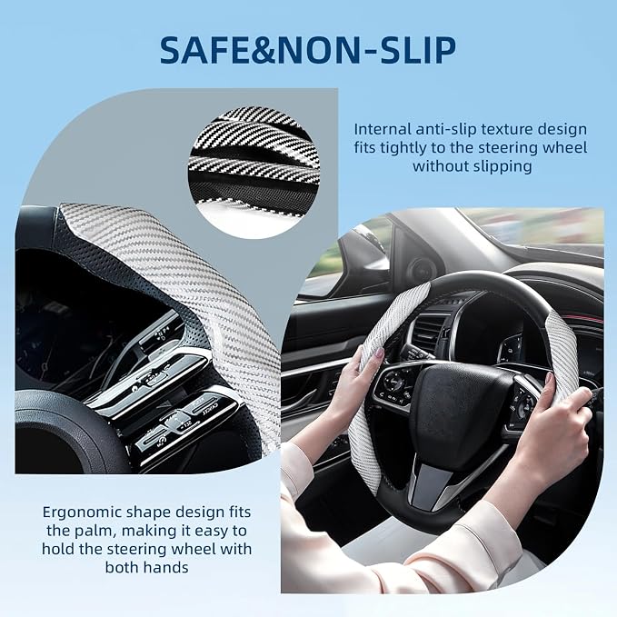 Carbon Fiber Steering Wheel Cover 2PCS Segmented Clip-on Protector (White) | Universal Fit, Anti-Slip Lining, Sporty Style, Car Interior Accessory for Men and Women