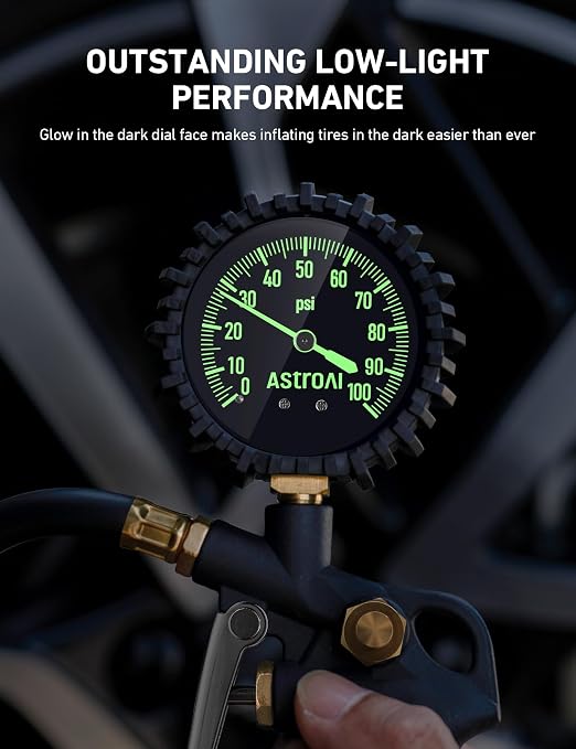 AstroAI Tire Pressure Gauge with Inflator, 100 PSI-ANSI B40.1 Accurate, Large 2.5" Easy Read Glow Dial, Heavy Duty Air Chuck and Compressor Accessories with Rubber Hose and Quick Connect Coupler