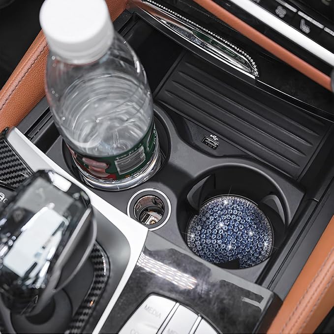 Bling Car Cup Holder Coaster, 2PCS 2.75 Inch Crystal Rhinestone Anti Slip Vehicle Drink Cup Mat for Women Girls, Auto Interior Embedded in Ornaments. Universal for SUV RV Truck (Light Blue)