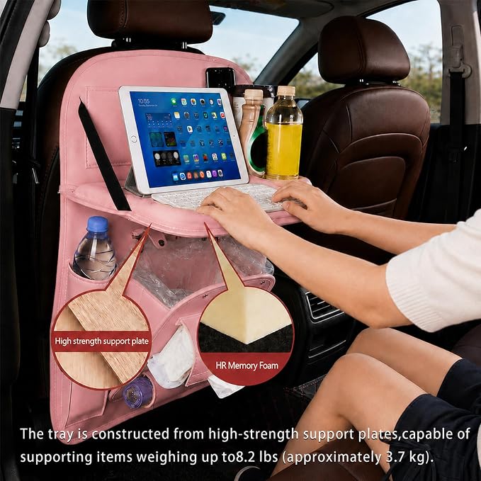 2 Pack Car Backseat Organizer with Foldable Table Tray, PU Leather Seat Back Organizer with Trash Bin, Tablet Holder, Kick Mat Protector, Back Seat Storage for Cars, Pink